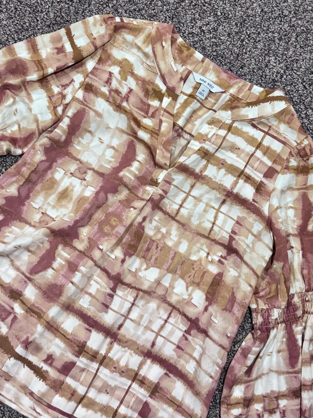 Nine West Cream and Brown Watercolor Grid Blouse - Picture 4 of 7